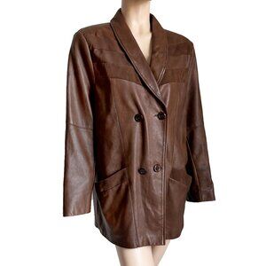 VIVA Brown Leather Jacket Made in Finland Size 44 Retro 80s Double Breasted